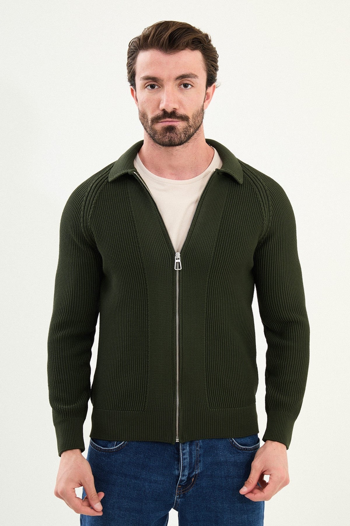 Men’s Green Ribbed Zip Cardigan - BRABION