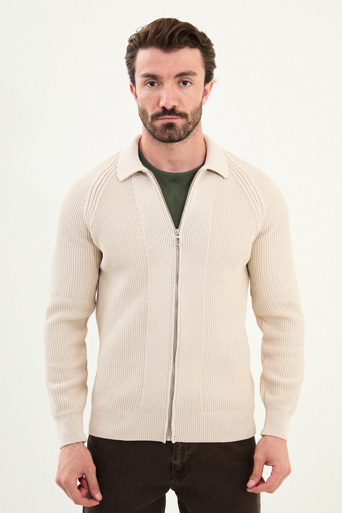 Men’s Beige Ribbed Zip Cardigan - BRABION