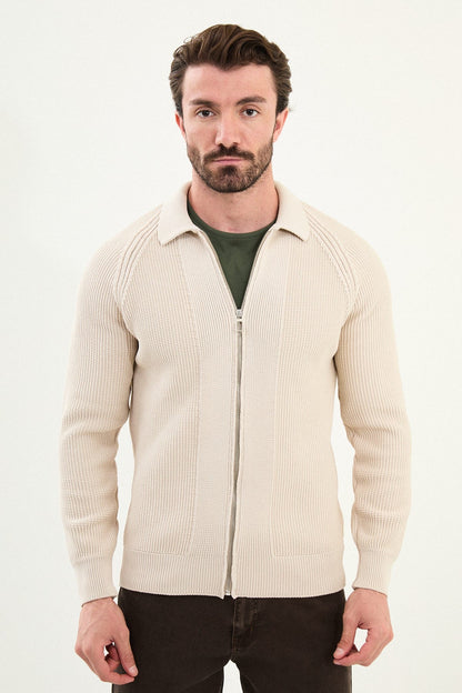 Men’s Beige Ribbed Zip Cardigan - BRABION