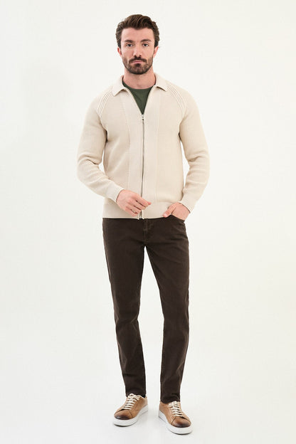 Men’s Beige Ribbed Zip Cardigan - BRABION