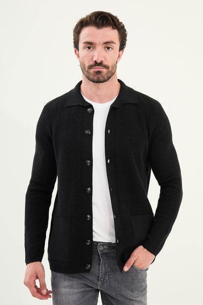 Men's Slim-Fit Button-Up Knit Cardigan – Black - BRABION