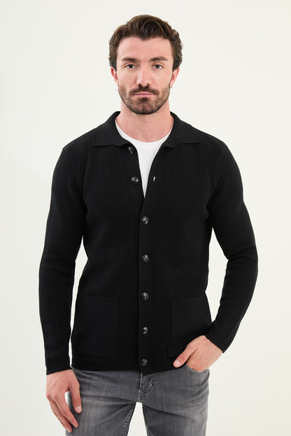 Men's Slim-Fit Button-Up Knit Cardigan – Black - BRABION
