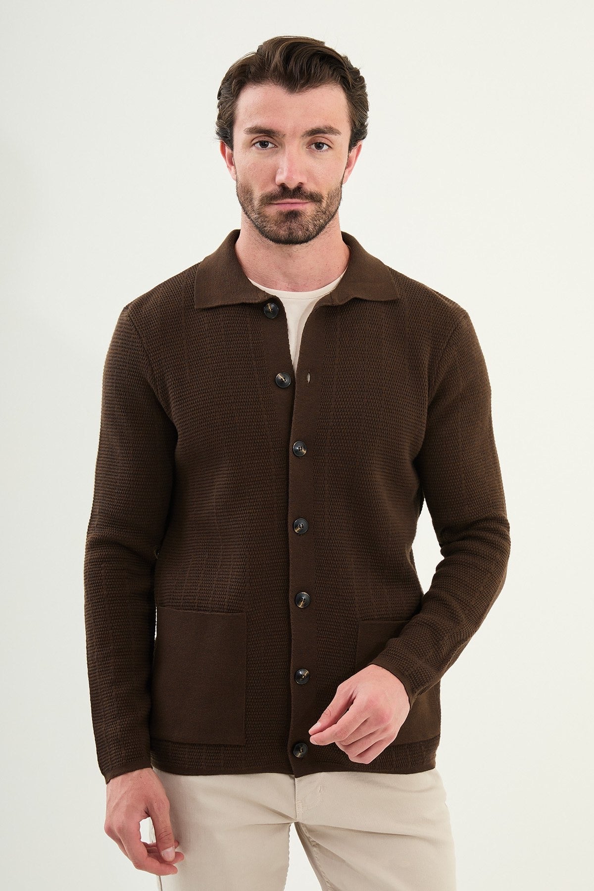 Men's Slim-Fit Button-Up Knit Cardigan – Brown - BRABION