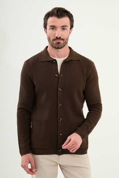 Men's Slim-Fit Button-Up Knit Cardigan – Brown - BRABION
