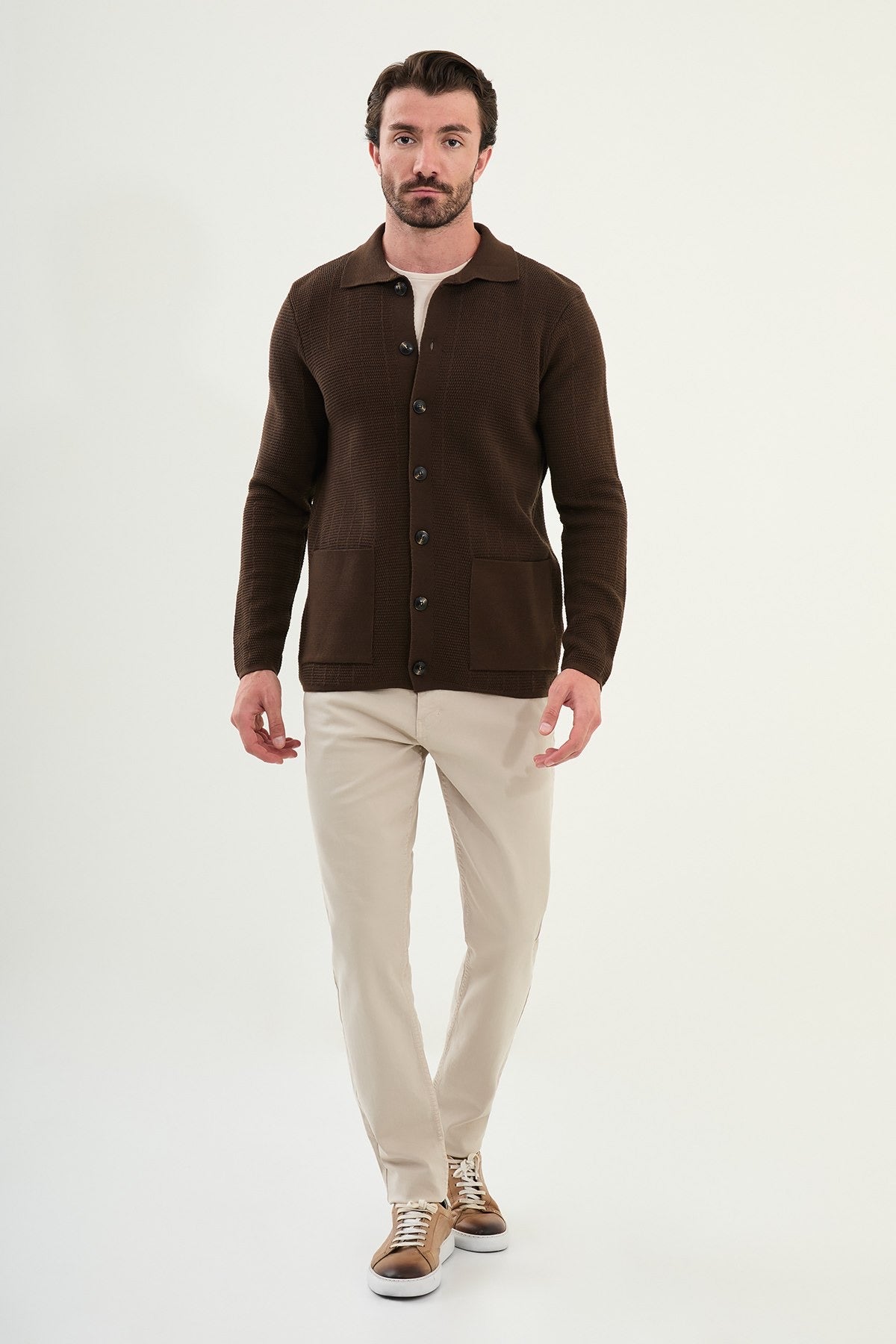 Men's Slim-Fit Button-Up Knit Cardigan – Brown - BRABION