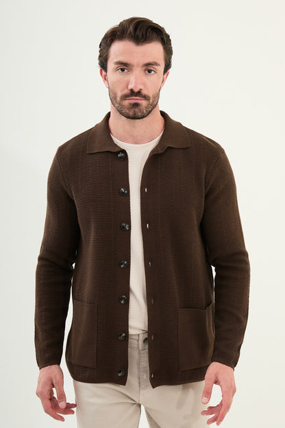 Men's Slim-Fit Button-Up Knit Cardigan – Brown - BRABION