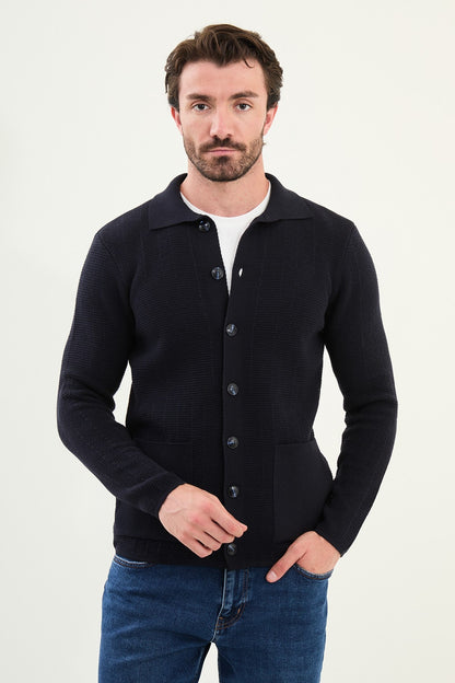 Men's Slim-Fit Button-Up Knit Cardigan – Navy Blue - BRABION