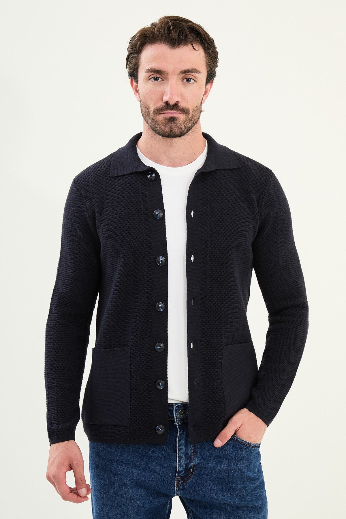 Men's Slim-Fit Button-Up Knit Cardigan – Navy Blue - BRABION