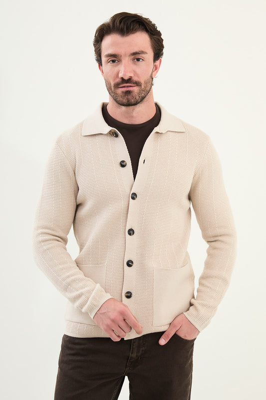 Men's Slim-Fit Button-Up Knit Cardigan – Beige - BRABION