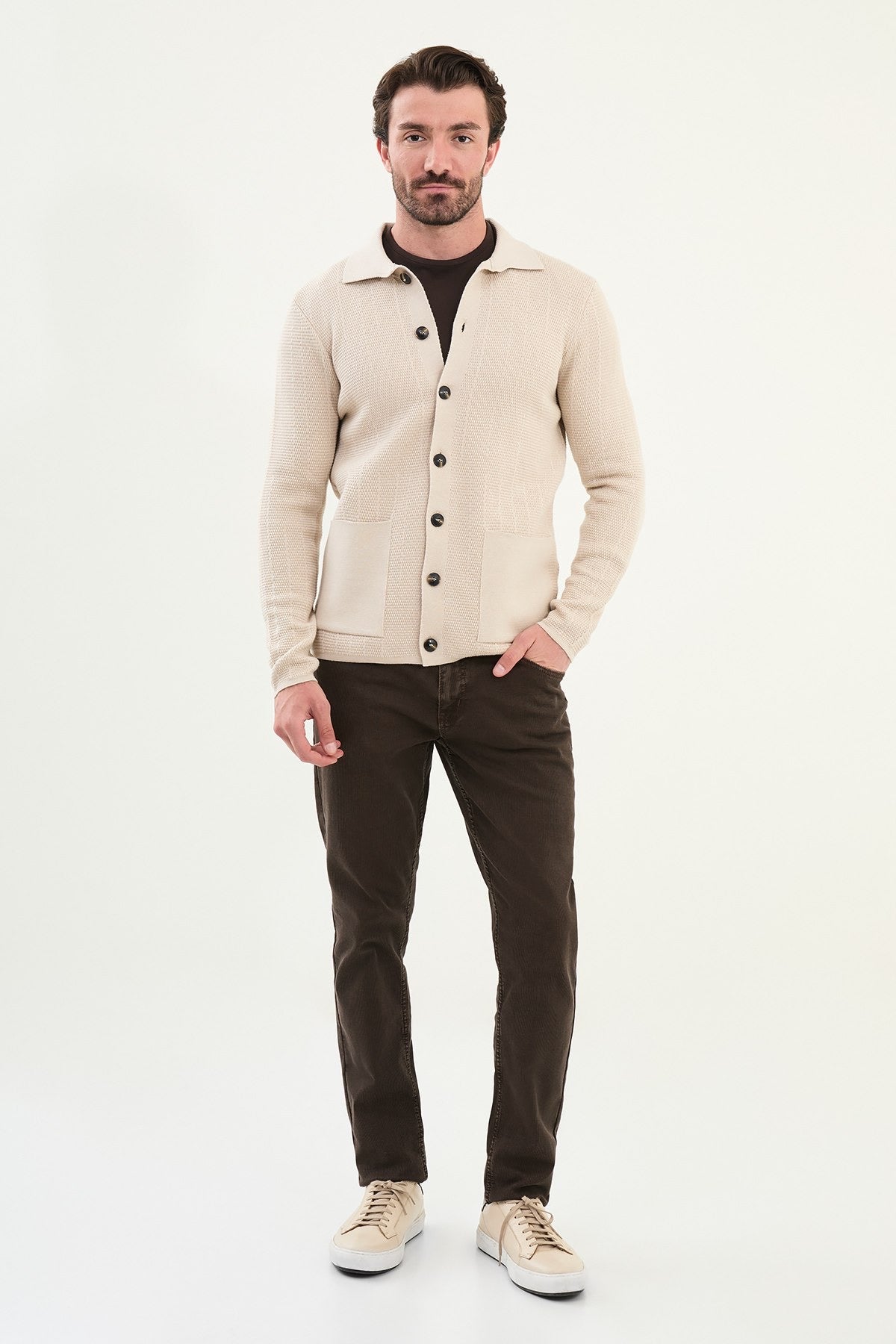 Men's Slim-Fit Button-Up Knit Cardigan – Beige - BRABION