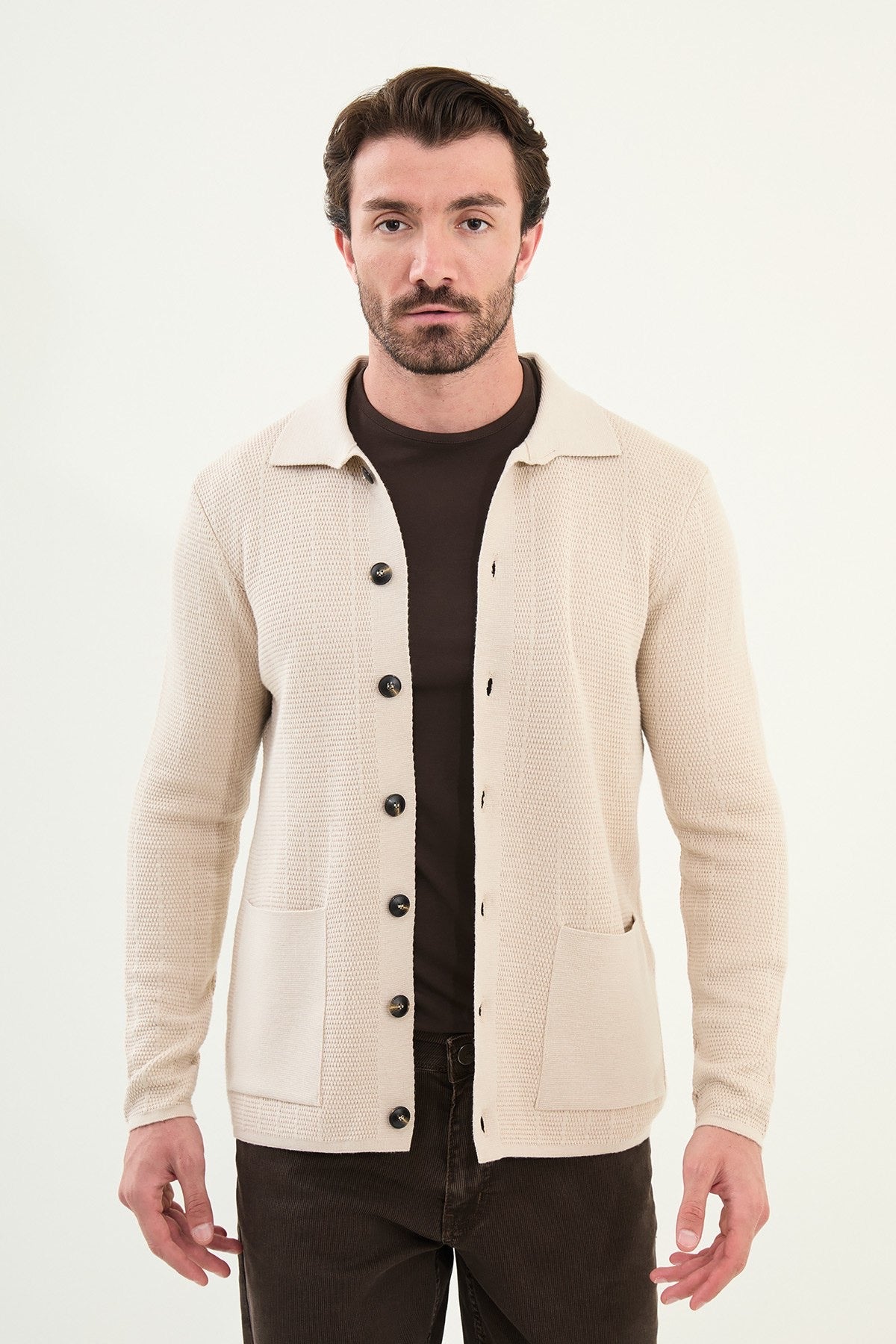 Men's Slim-Fit Button-Up Knit Cardigan – Beige - BRABION