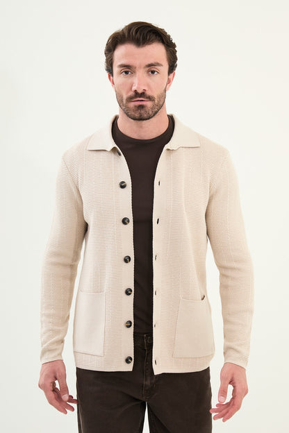 Men's Slim-Fit Button-Up Knit Cardigan – Beige - BRABION