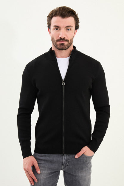 Men's Slim-Fit Zip-Up Knit Cardigan – Black - BRABION