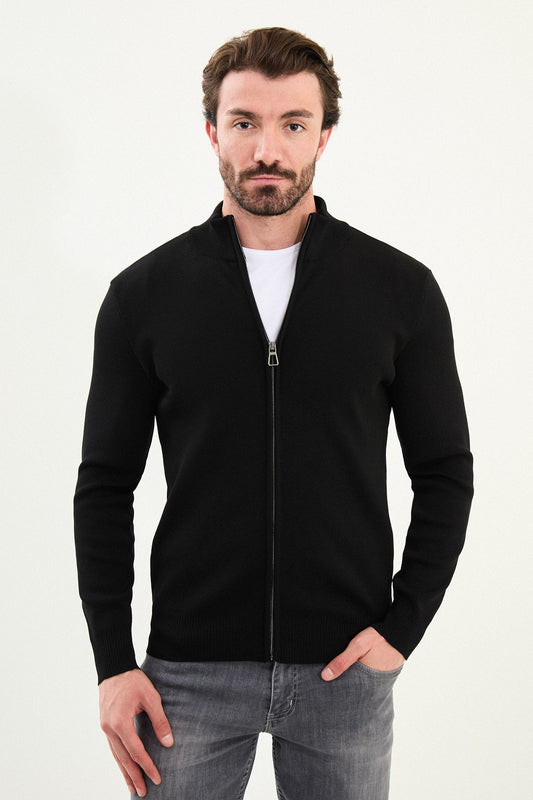 Men's Slim-Fit Zip-Up Knit Cardigan – Black - BRABION