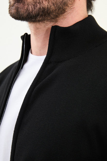 Men's Slim-Fit Zip-Up Knit Cardigan – Black - BRABION