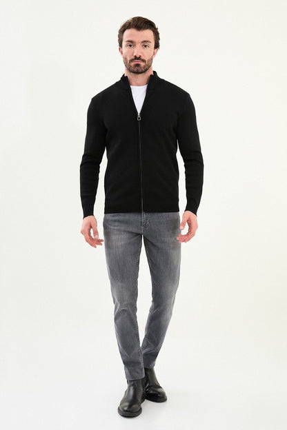 Men's Slim-Fit Zip-Up Knit Cardigan – Black - BRABION