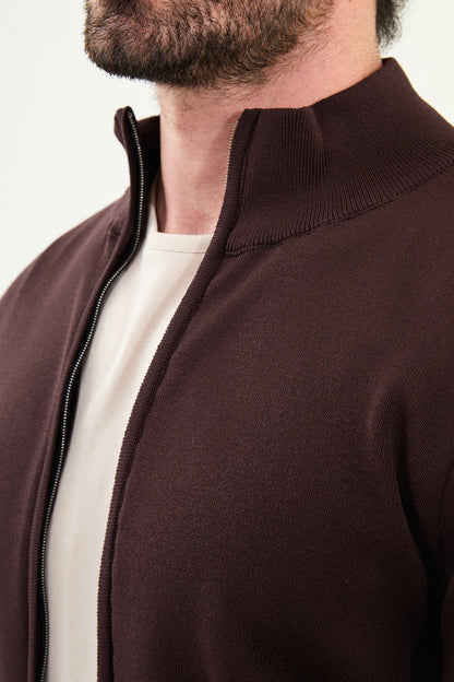 Men's Slim-Fit Zip-Up Knit Cardigan – Brown - BRABION