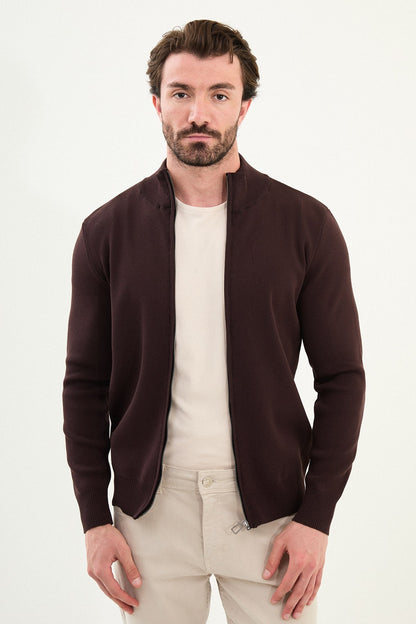 Men's Slim-Fit Zip-Up Knit Cardigan – Brown - BRABION