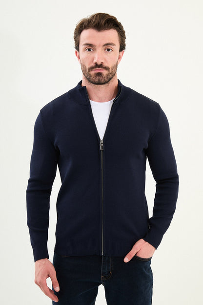 Men's Slim-Fit Zip-Up Knit Cardigan – Navy Blue - BRABION