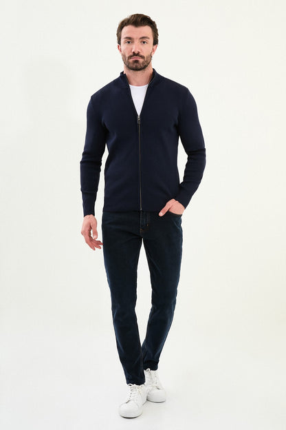 Men's Slim-Fit Zip-Up Knit Cardigan – Navy Blue - BRABION