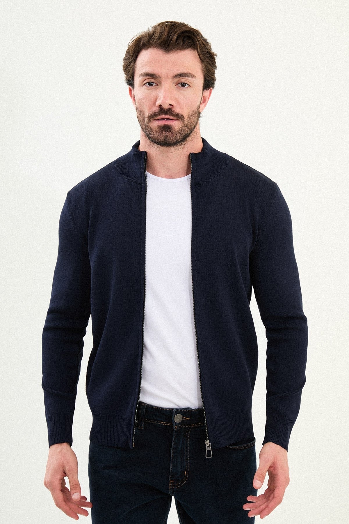 Men's Slim-Fit Zip-Up Knit Cardigan – Navy Blue - BRABION