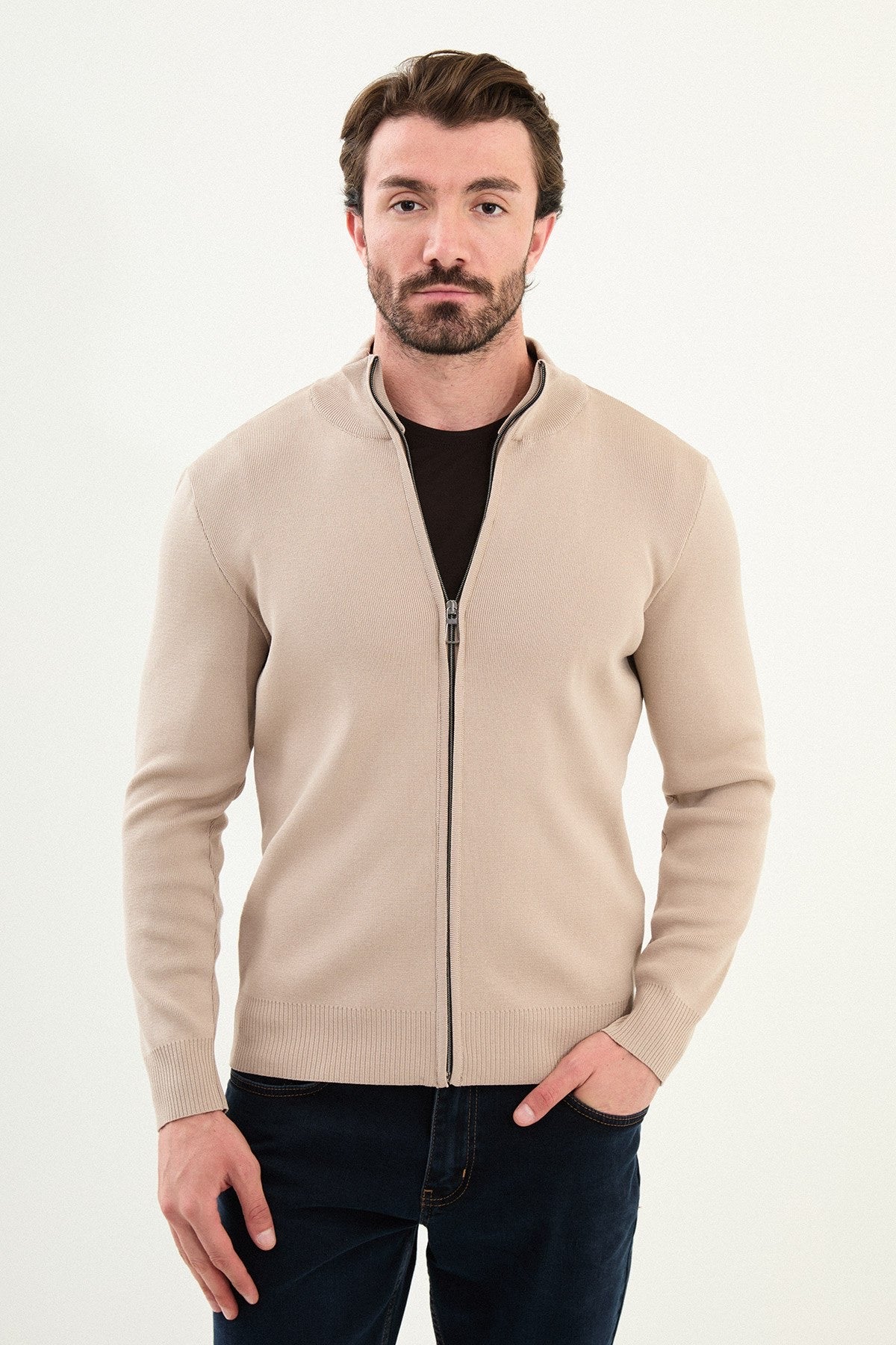 Men's Slim-Fit Zip-Up Knit Cardigan – Beige - BRABION