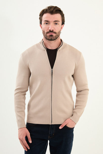 Men's Slim-Fit Zip-Up Knit Cardigan – Beige - BRABION