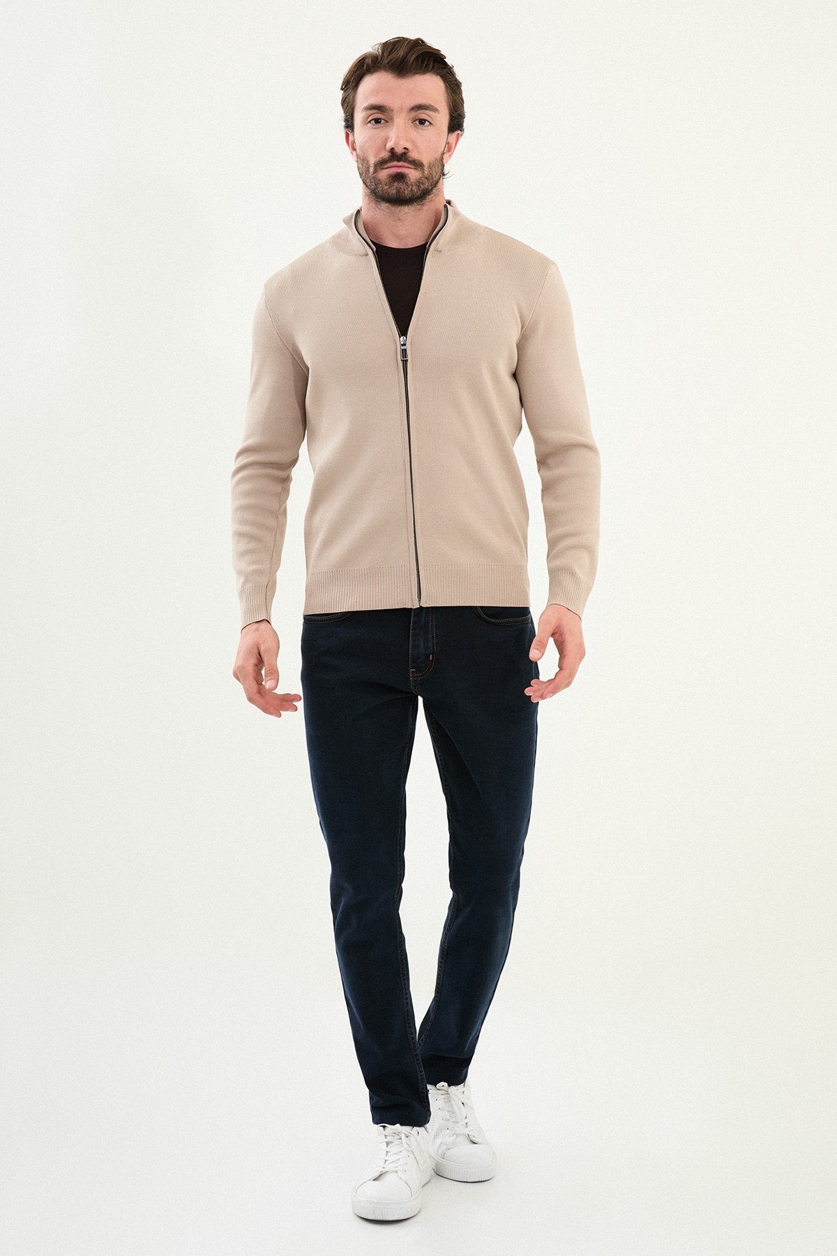 Men's Slim-Fit Zip-Up Knit Cardigan – Beige - BRABION