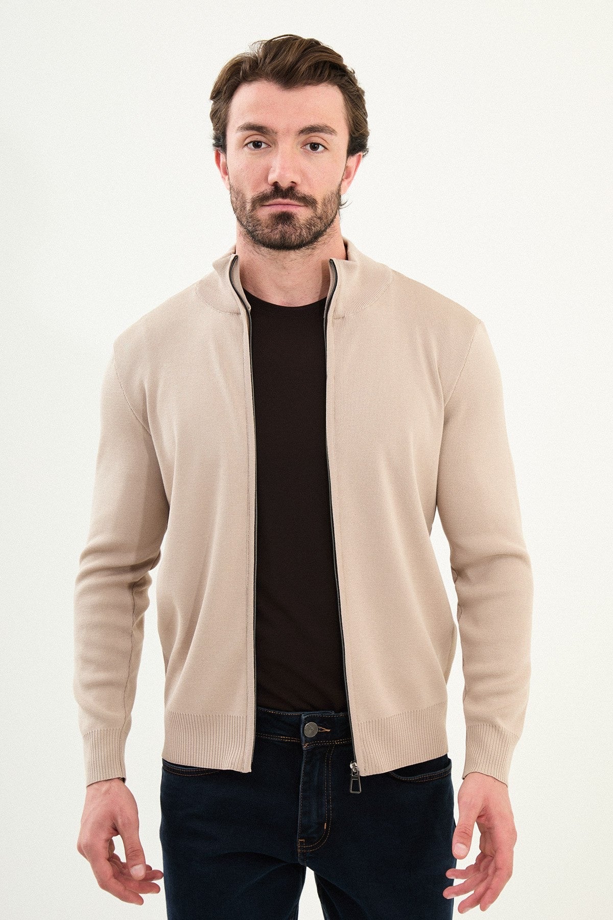 Men's Slim-Fit Zip-Up Knit Cardigan – Beige - BRABION