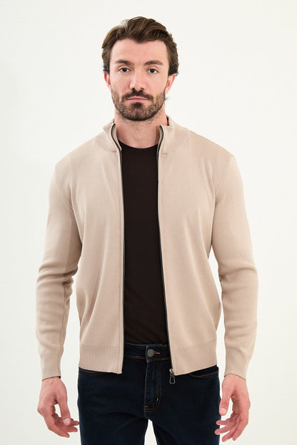 Men's Slim-Fit Zip-Up Knit Cardigan – Beige - BRABION