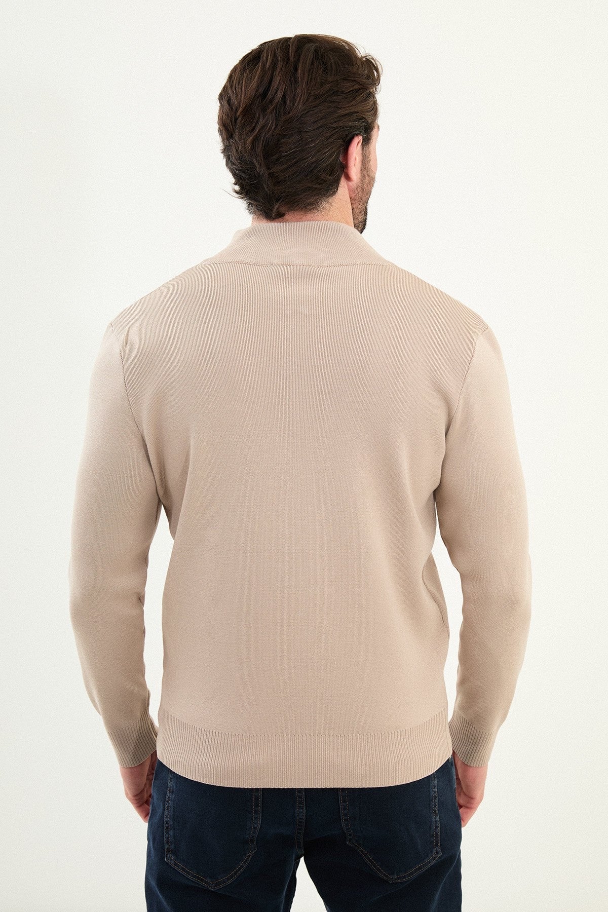 Men's Slim-Fit Zip-Up Knit Cardigan – Beige - BRABION