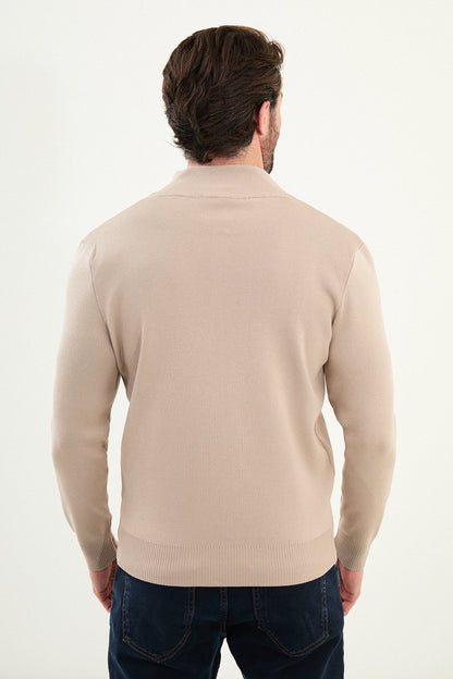 Men's Slim-Fit Zip-Up Knit Cardigan – Beige - BRABION