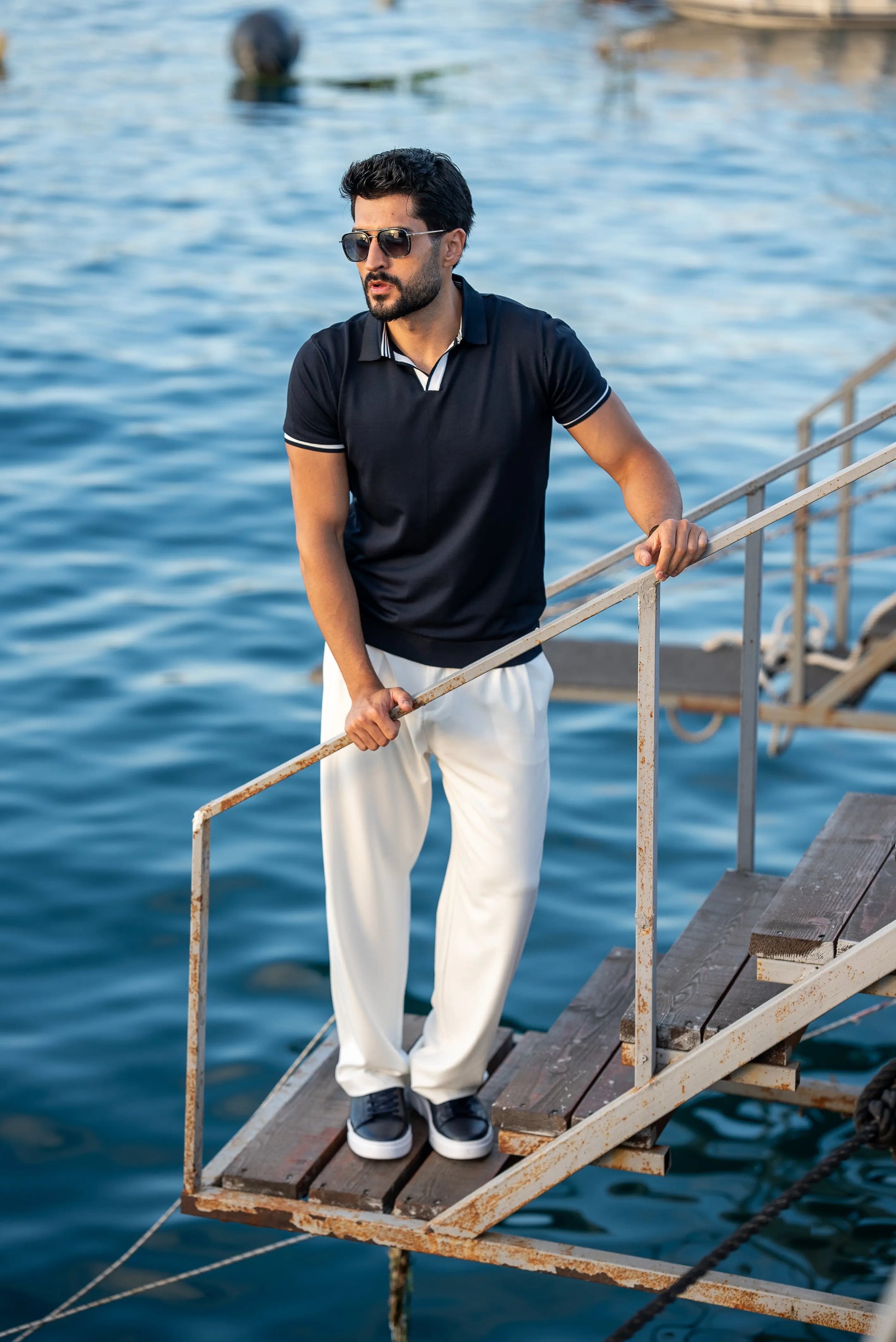 Santorini Navy Blue Polo Collar Men's T-Shirt - BRABION