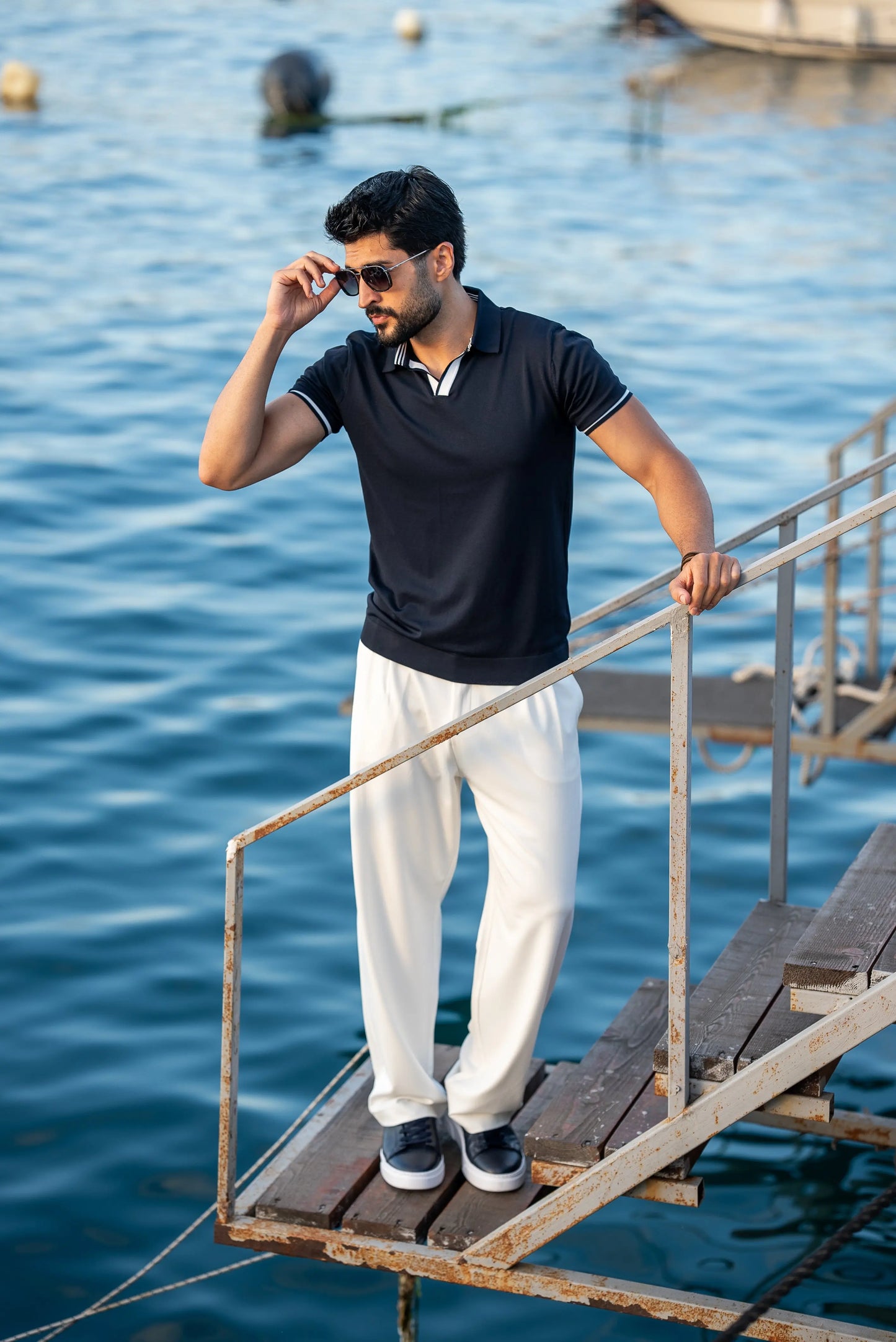 Santorini Navy Blue Polo Collar Men's T-Shirt - BRABION
