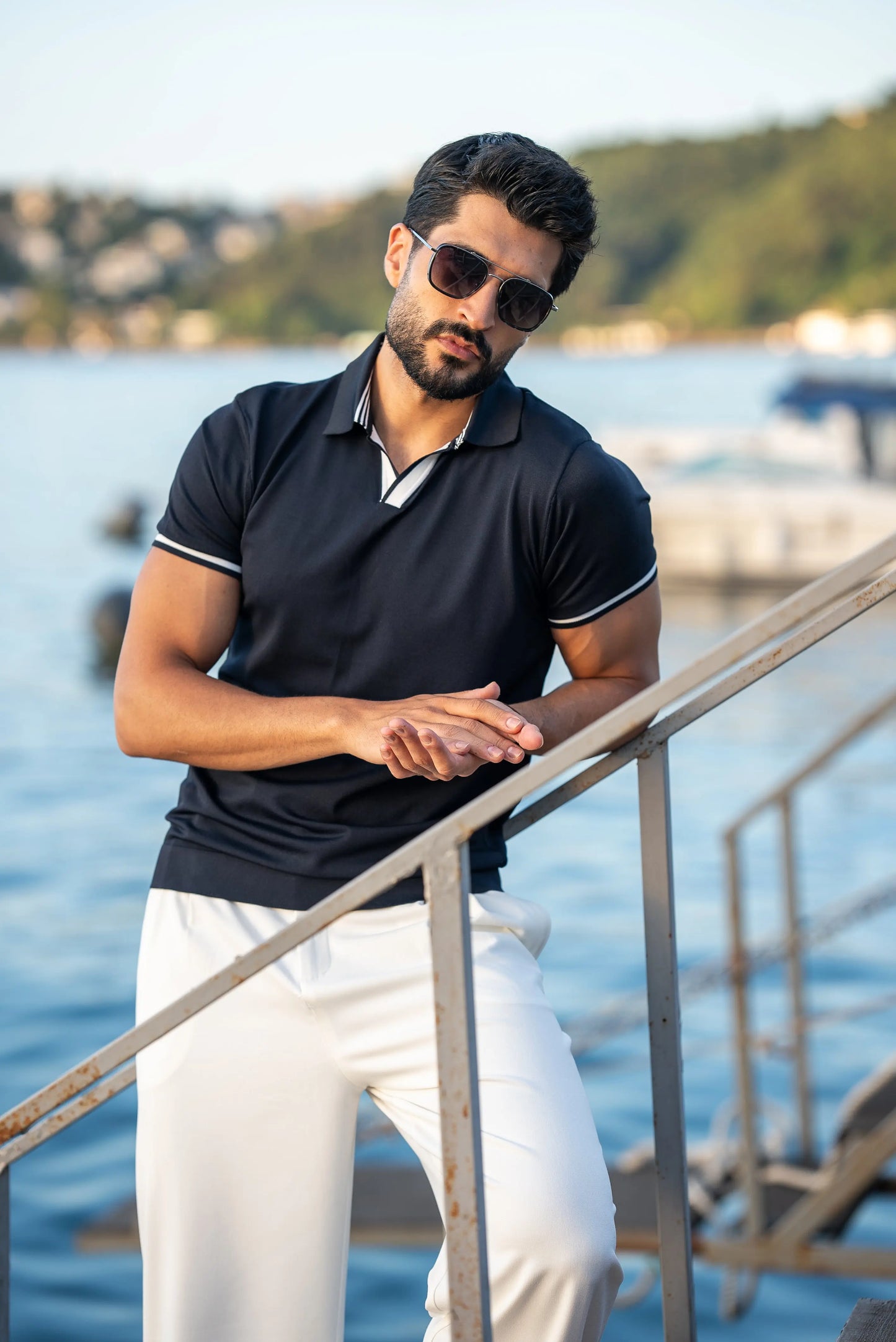 Santorini Navy Blue Polo Collar Men's T-Shirt - BRABION