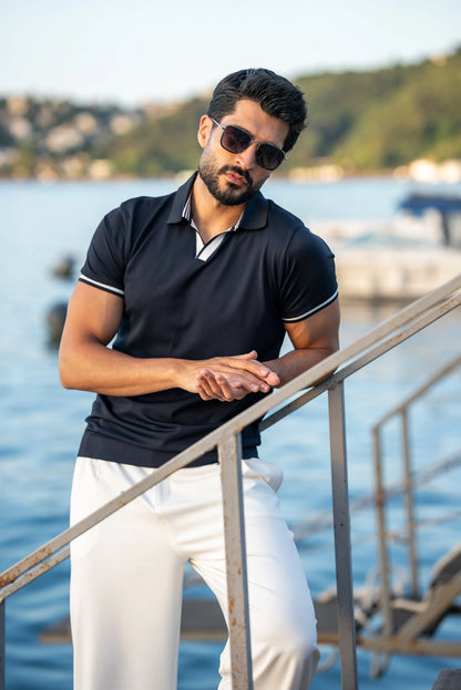 Santorini Navy Blue Polo Collar Men's T-Shirt - BRABION