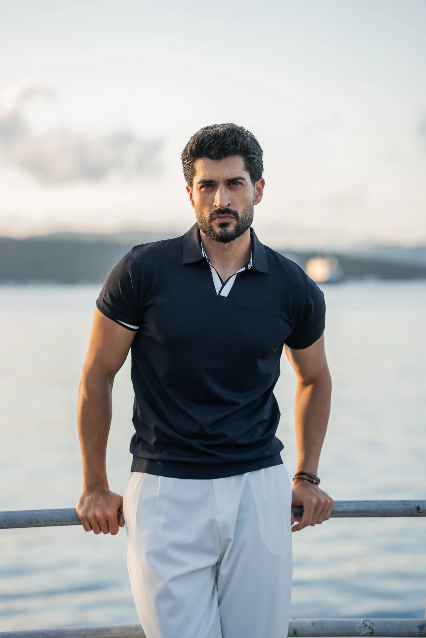 Santorini Navy Blue Polo Collar Men's T-Shirt - BRABION