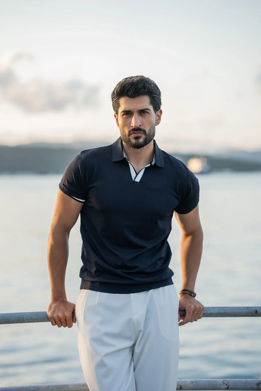 Santorini Navy Blue Polo Collar Men's T-Shirt - BRABION