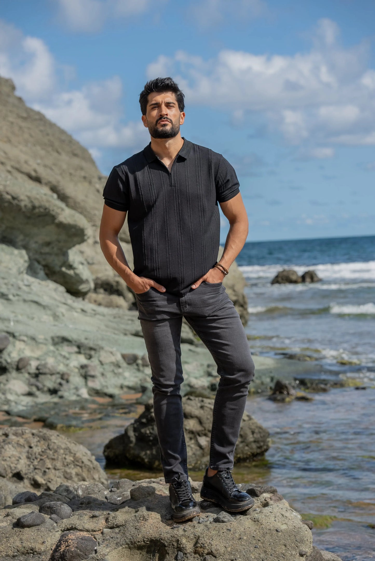 Monaco Men's Black Polo Collar T-Shirt - BRABION
