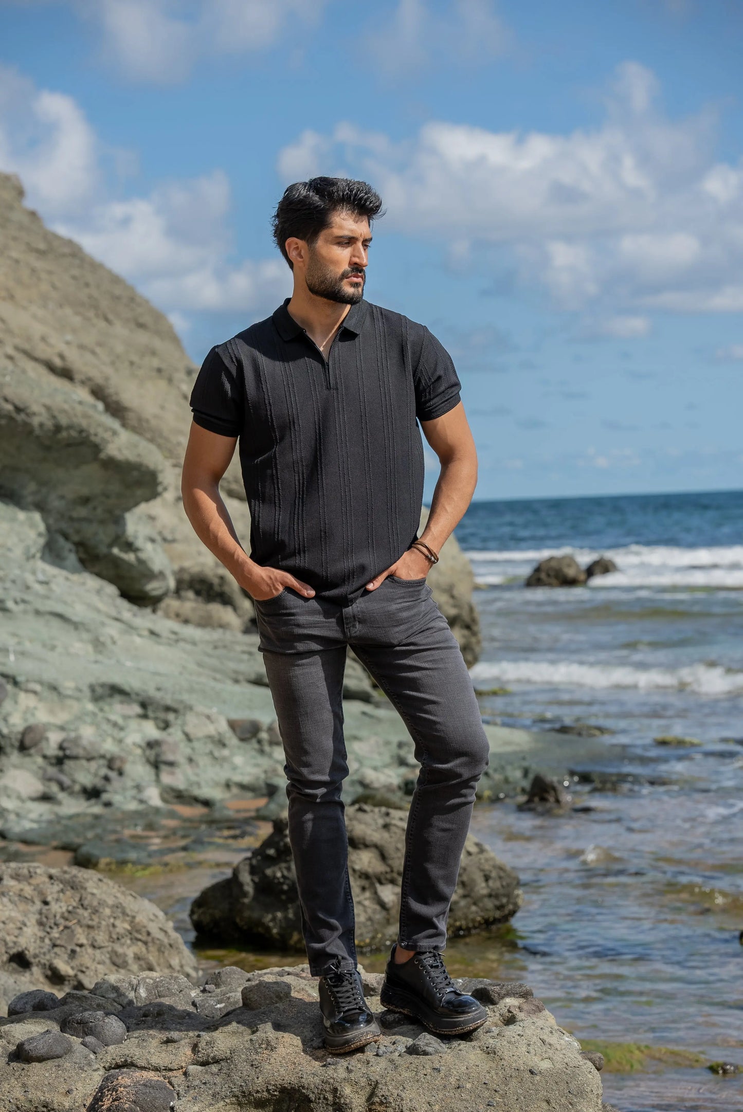 Monaco Men's Black Polo Collar T-Shirt - BRABION