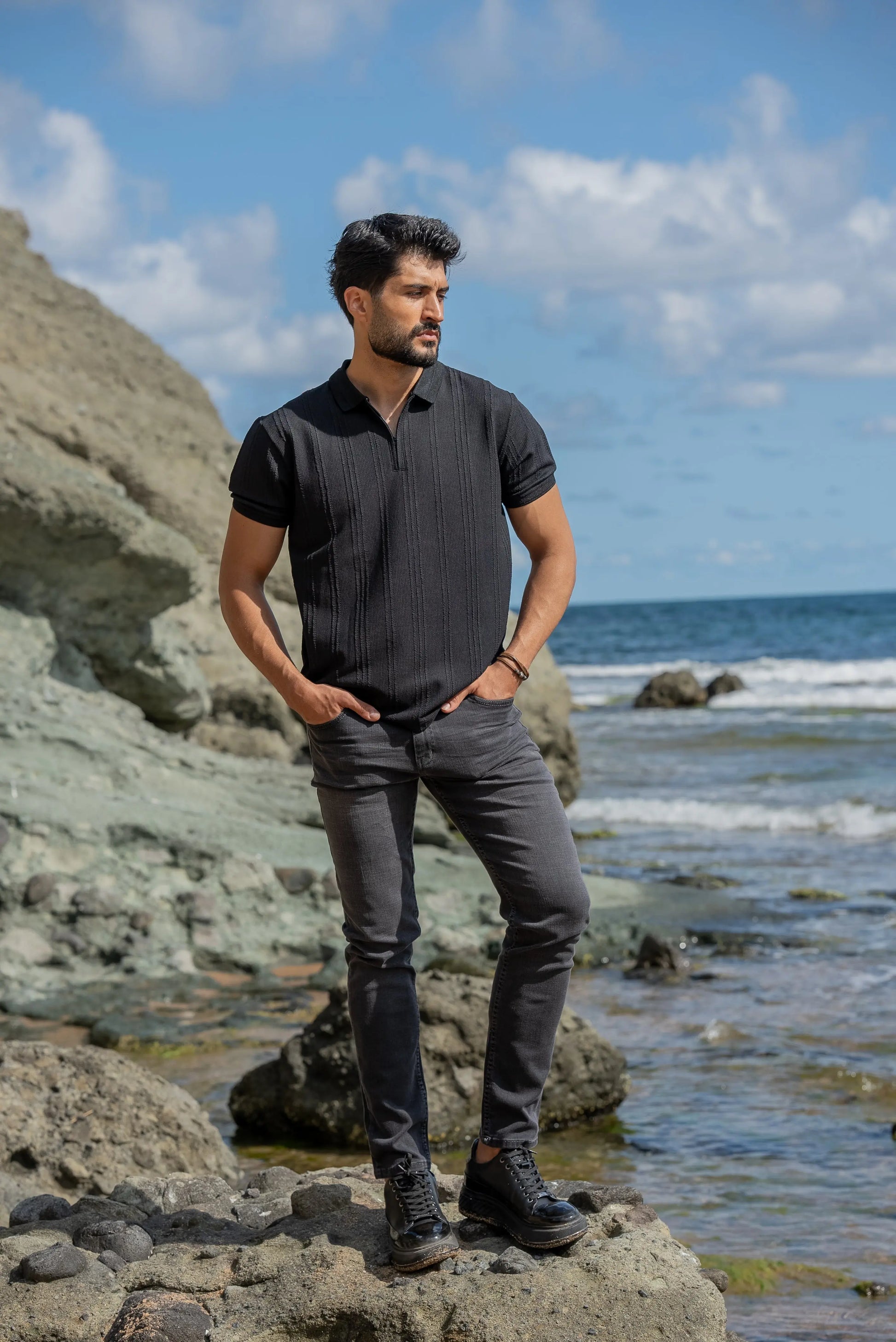 Monaco Men's Black Polo Collar T-Shirt - BRABION