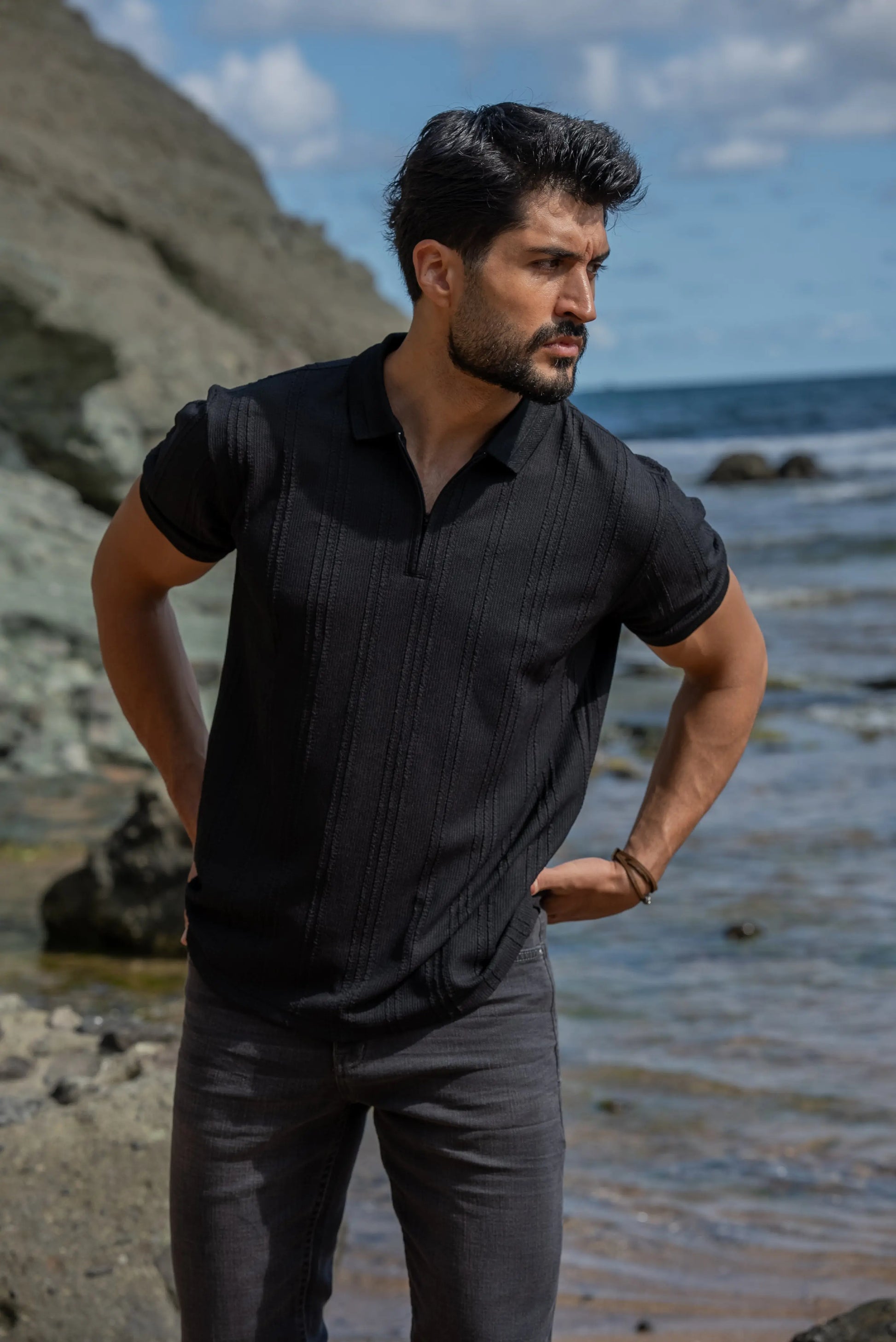 Monaco Men's Black Polo Collar T-Shirt - BRABION