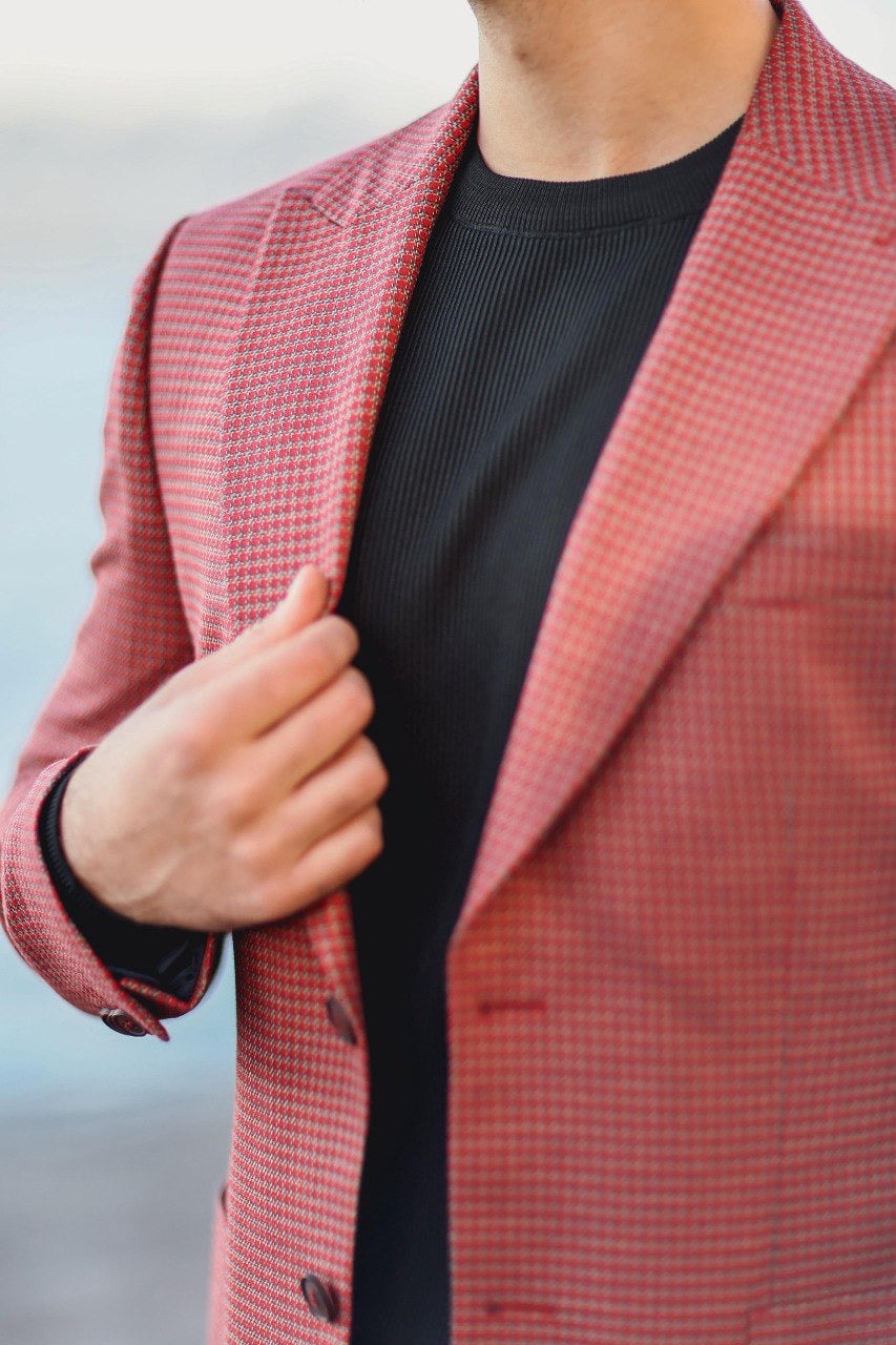 Men’s Burgundy Patterned Slim-Fit Jacket - BRABION