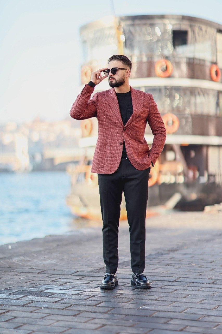 Men’s Burgundy Patterned Slim-Fit Jacket - BRABION