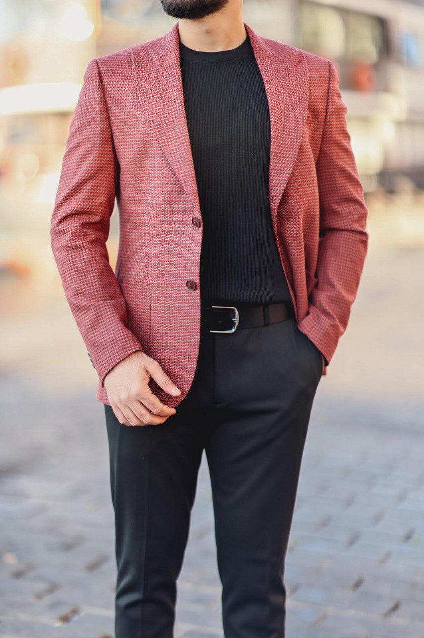 Men’s Burgundy Patterned Slim-Fit Jacket - BRABION