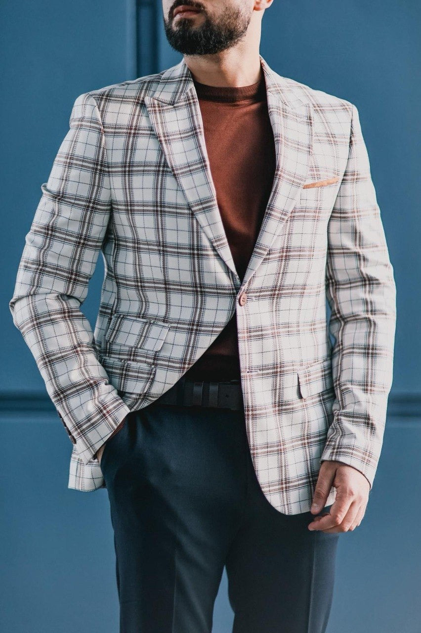 Men’s White Plaid Slim-Fit Jacket - BRABION