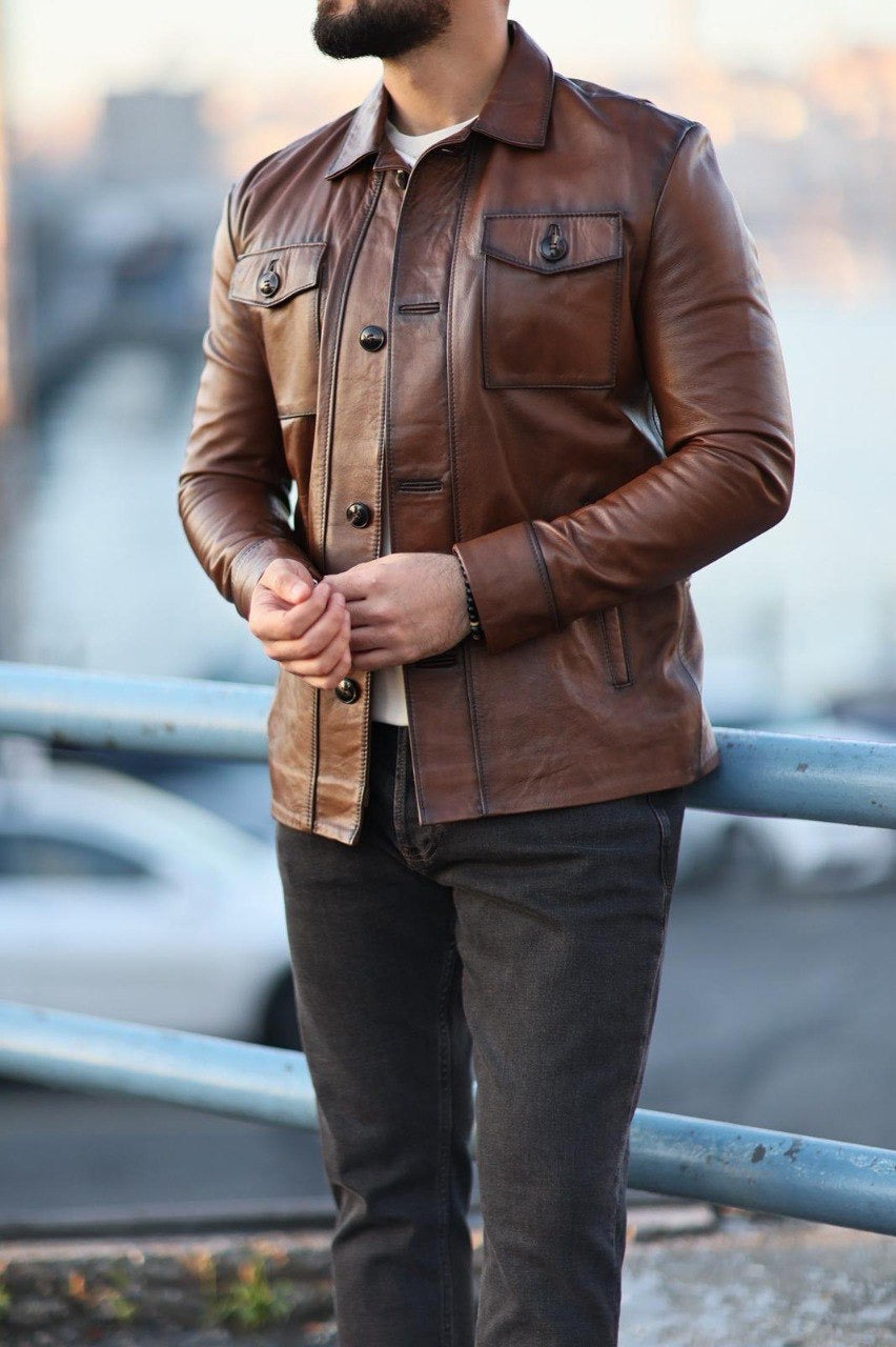 Men’s Brown Genuine Leather Jacket - BRABION