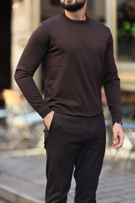 Men’s Brown Crew Neck Slim-Fit Sweater - BRABION