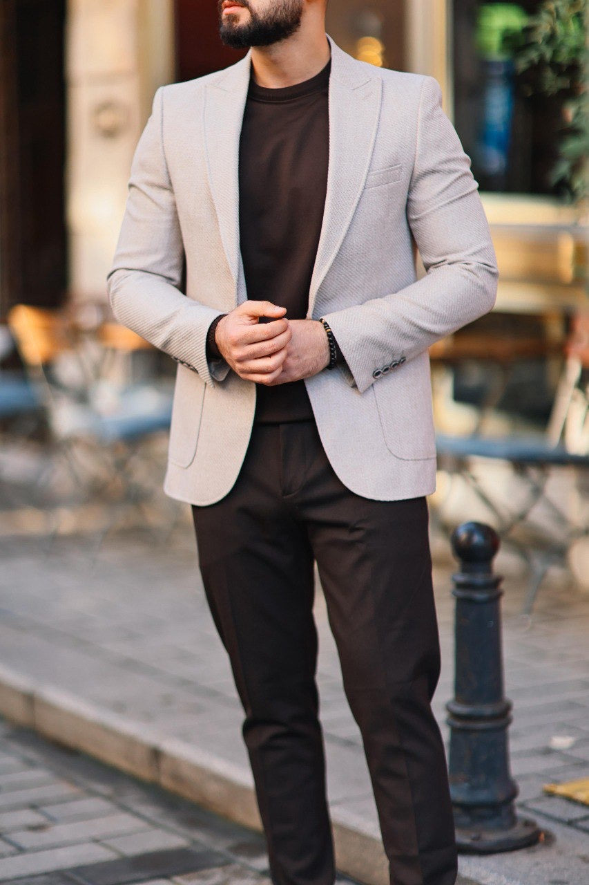 Men’s Beige Textured Slim-Fit Jacket - BRABION