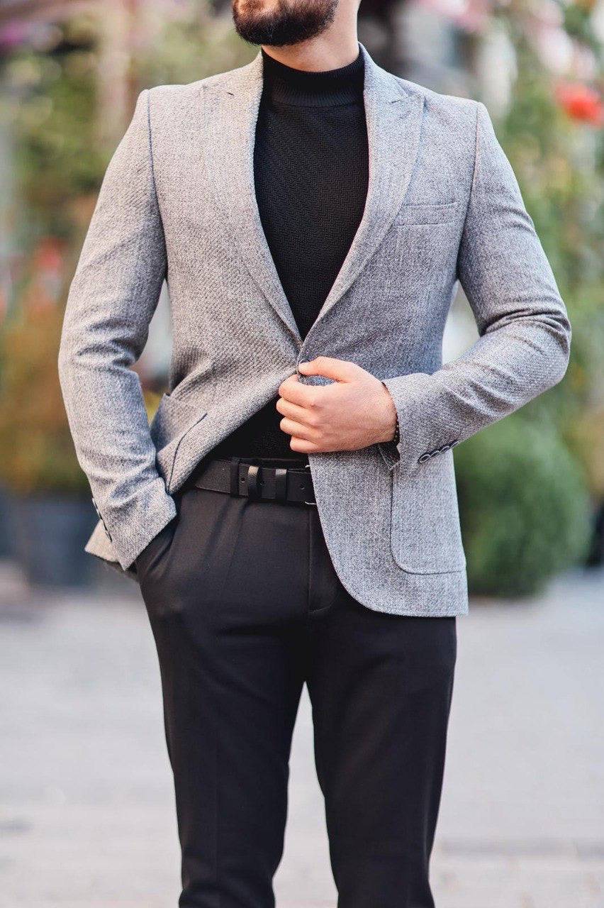 Men’s Gray Textured Slim-Fit Jacket - BRABION